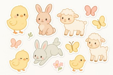 Obraz premium Adorable cartoon animals playing with butterflies and flowers stickers 