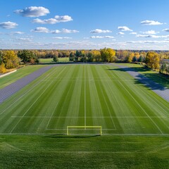 Aerial football field shot with surrounding running track and sports complex