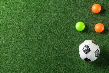 Obraz premium Soccer field top view with training cones and equipment, coaching and preparation scene