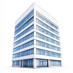 Modern office building, city backdrop, isolated, 3D render, real estate