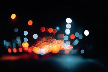 Out of focus lights with glitch distortion and bokeh against dark background