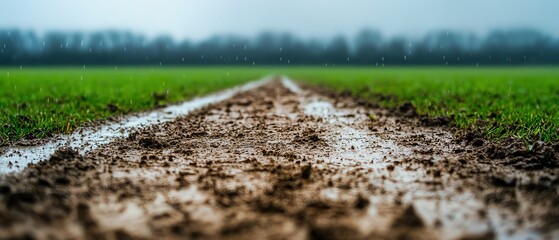 Top view of muddy rural football pitch with faded lines, authentic community feel