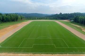 Top view of green football pitch surrounded by running track, athletic facility