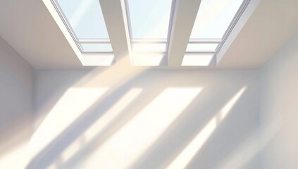 Fototapeta premium Skylights illuminate empty room, sunlight streams, interior design