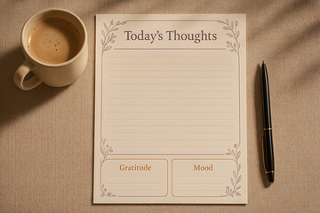 Elegant Daily Journal for Thoughts Gratitude and Mood with Floral Design on Beige Paper Featuring Pen and Coffee Mug on Textured Background for Mindfulness and Self Care