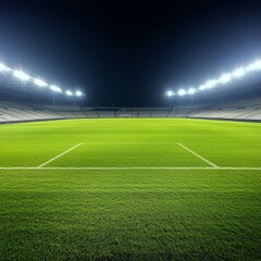 Obraz premium Empty professional football stadium at night with only pitch lights on, calm before the game