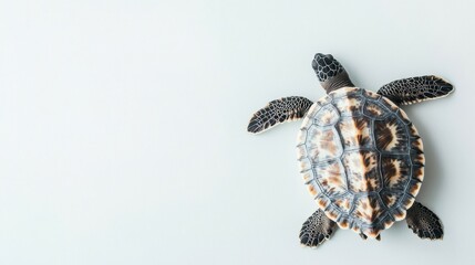 Patterned turtle from a top-down perspective with a minimalist background showcasing intricate shell details