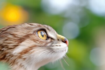 Naklejka premium Brown tabby cat close up profile golden eye blurry background outdoors day