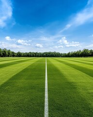 Minimalist green soccer field with sharp white boundary lines and soft shadows