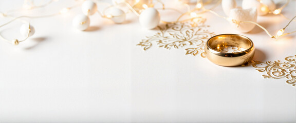 Elegant wedding invitation with gold patterns and rings, romantic design