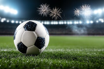 Fototapeta premium Nighttime match kickoff with fireworks in sky above soccer stadium, celebration vibe
