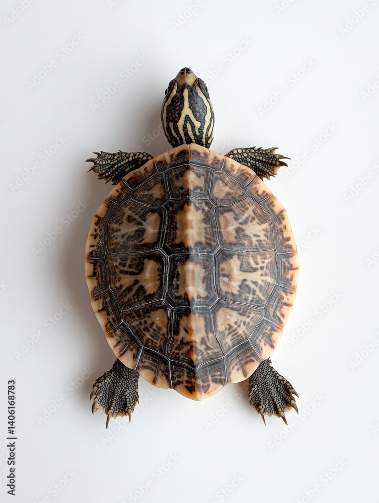 Poster Top-down view of a turtle showcasing its patterned shell set against a minimalist white background