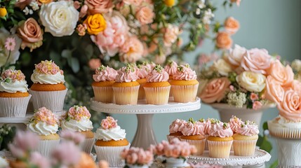 A delightful display of cupcakes with floral decorations on tiered stands and floral arrangements