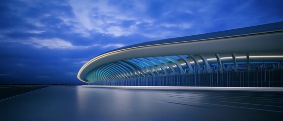 Fototapeta premium Ultramodern stadium design glowing blue and green at night during football match