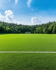Wellmaintained green soccer field with goalposts, symmetrical and clean layout