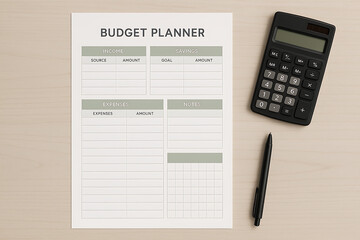 Minimalist Budget Planner with Income Expenses and Savings Sections in Green and White Design Featuring Pen and Calculator on Wooden Textured Background for Financial Management