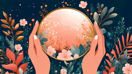 Contemporary boho flat illustration of hands holding a truth mirror reflecting authentic inner light, Honesty Day self-reflection concept, modern geometric shapes