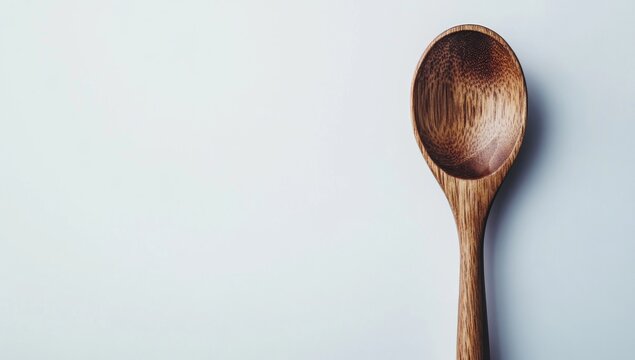 Wooden spoon on white background, minimalist food styling, recipe blog