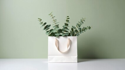 White paper bag with eucalyptus leaves on green background, paper bag mockup