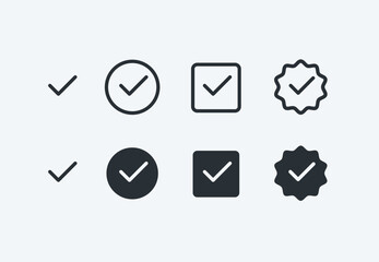 Checkmark vector icons set, check mark linear and solid icon set, approved symbol, checked checkbox mark, checkmark set