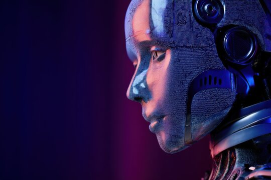 Portrait of a robot with glitch effect and futuristic theme with studio lighting and copy space on side