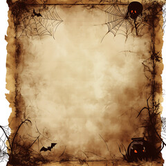 Vintage Halloween parchment with cauldron, spider webs, bat and spooky elements on burnt paper background
