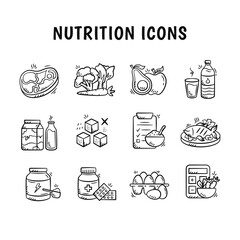 Nutrition doodle icon pack. Set of healthy food and lifestyle hand drawn vector illustration collection. Outline style of meat, vegetable, fruit, egg, milk, fish, protein, protein, mineral water.