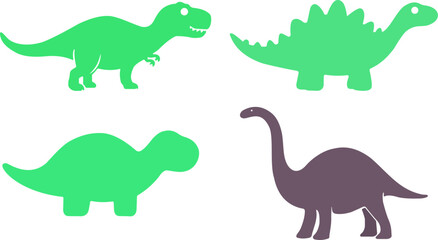 Adorable Prehistoric Creatures: Collection of Simple Minimalist Dinosaur Silhouettes in Green and Purple Featuring T-Rex, Stegosaurus, and Brontosaurus