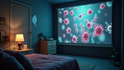 Two scientists in a lab observe a large, detailed image of a virus on a screen. The room is dimly lit with red and blue lights, creating a focused atmosphere. Generative, AI,