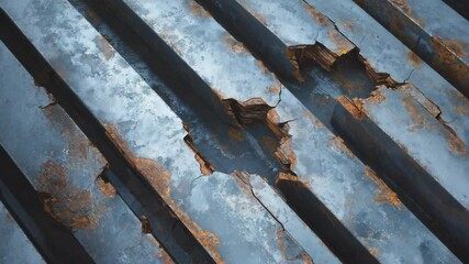 Close-up of corroded and damaged metal roofing showing rusty metal under layers, industrial decay and deterioration of materials - Powered by Adobe