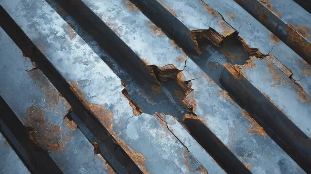 Close-up of corroded and damaged metal roofing showing rusty metal under layers, industrial decay and deterioration of materials