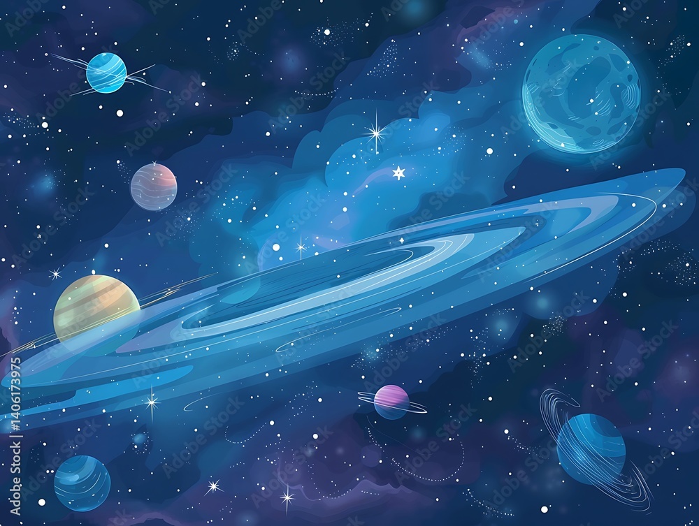 Wall mural a background of dark blue space with several planets floating in the distance, with high resolution