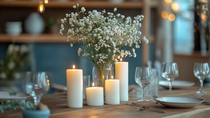 Table setting with candles, baby's breath, plates, and wine glasses for a warm and inviting atmosphere