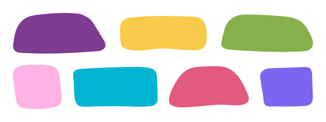 Set of cute irregular shapes in doodle style. Colorful blank organic forms for text boxes, tags, stickers, speech or quote bubbles, paper notes isolated on white background. Vector flat illustration.