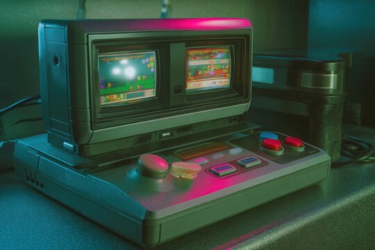 Retro video game with glitch effect and nostalgic theme with copy space below