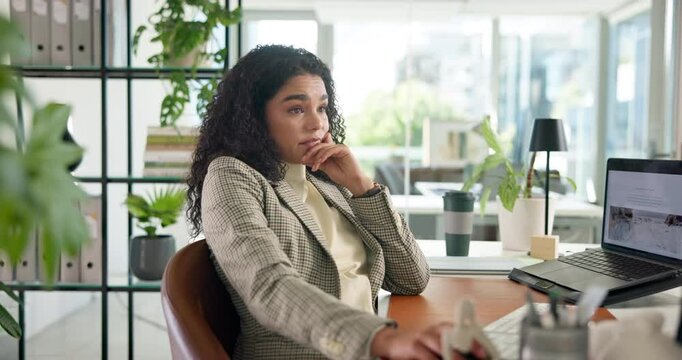 Business, frustrated and woman with computer, time management and schedule with delay. Person, employee and sales consultant in workplace, pc and tired with stress, appointment and fatigue with email