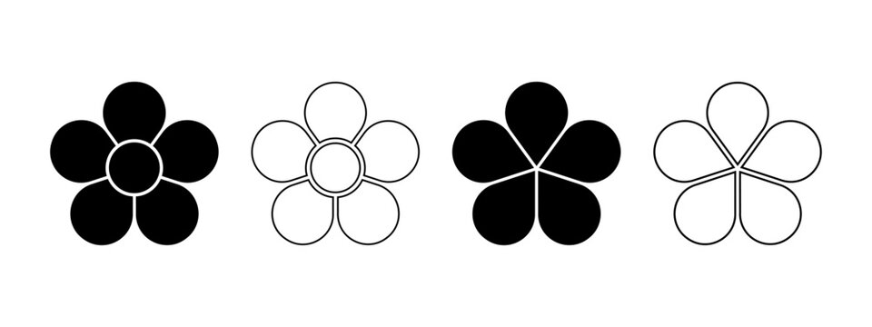 Flower silhouettes with 5 petals and core. Floral pie charts divided into five parts in leaf shapes isolated on white background. Templates for data presentation. Vector graphic illustration.