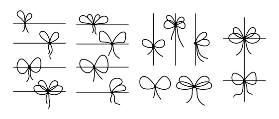 Bow ribbons for gifts. Set of strips with coquette knots in linear style for present boxes, packages, festive cards or banners isolated on white background. Vector graphic illustration.