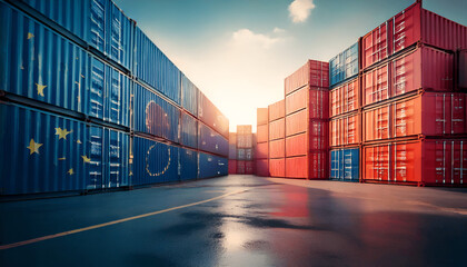 Fototapeta premium EU Tariffs and European Union tariff trade war with the United States as a Europe USA economic dispute and American financial disagreement over import and exports as cargo freight containers symbol. 