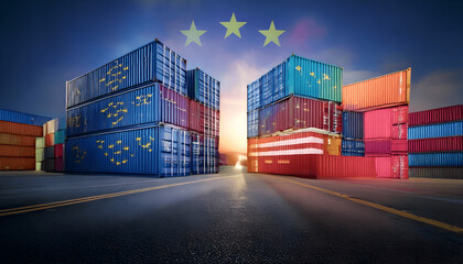 Fototapeta premium EU Tariffs and European Union tariff trade war with the United States as a Europe USA economic dispute and American financial disagreement over import and exports as cargo freight containers symbol. 