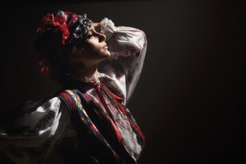 Fototapeta premium Romanian folk dancer in costume with stage lighting and negative space on right