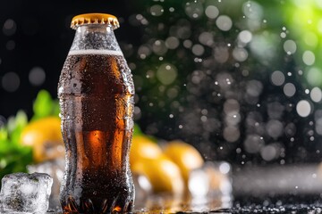 Chilled beverage bottle with condensation ice and citrus fruits for refreshment