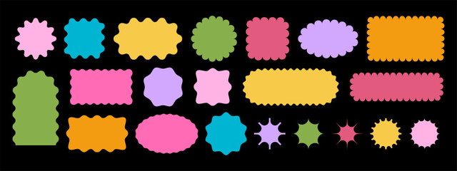 Set of colorful arch, rectangle and square, oval, star and circle shapes with curvy edges. Geometric forms with scalloped borders. Empty textboxes, stamps, tags or labels. Vector flat illustration.