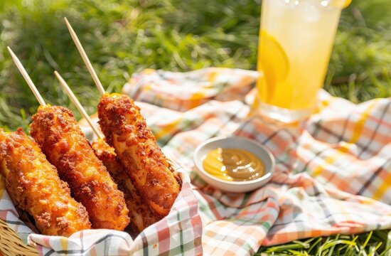 Crispy corn dogs served on skewers with honey mustard sauce on a picnic blanket next to a refreshing lemonade on a sunny afternoon - Powered by Adobe