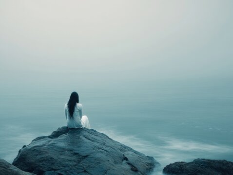 Selkie on coastal rocks ethereal seascape with soft blue tones and negative space below