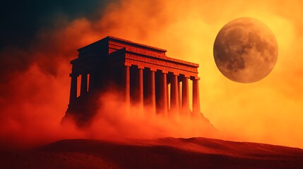 Obraz premium Ancient Temple in a fiery sunset, mystical, mysterious atmosphere, desert landscape, large moon in the sky