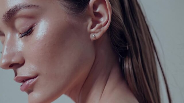 Glamorous model with glowing skin and closed eyes presents her perfect complexion, highlighting the effectiveness of skincare products against a white backdrop