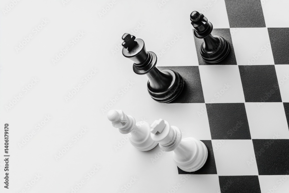 Poster top-down view of clean chess pieces arranged on a white board showcasing black and white contrast fo