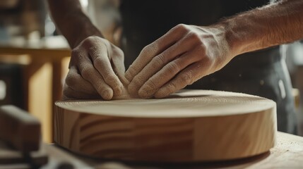 Carpenter sanding wood for a custom dining table. Featuring woodworking and finishing