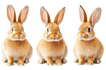Obraz premium Three adorable rabbits with long ears sitting side by side on a plain white background studio shot